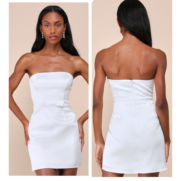 Lulus Adorable Chicness White Satin Strapless Bow Mini Dress Size Large Bride - Picture 1 of 10
